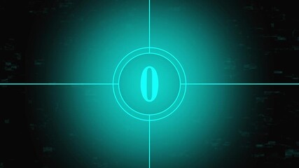 Cyan number 3 in a film countdown circle with a textured background and light beam movie cinema 4k video .