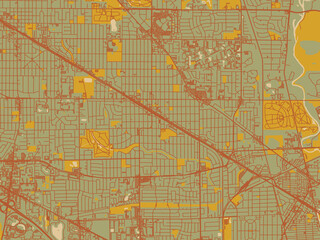 Minimalist flat city map of Mount Prospect, Illinois with earthy sage background with rust roadways and ochre details.