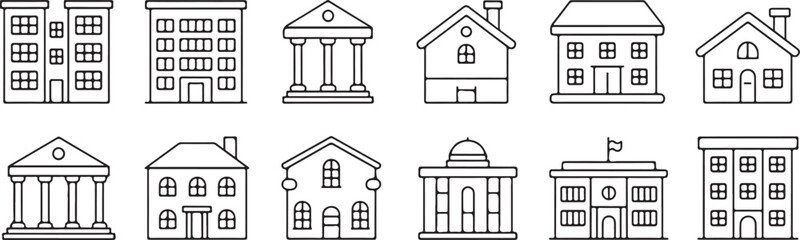 Collection of Twelve Black Building Outlines on Transparent Background for Architectural Designs