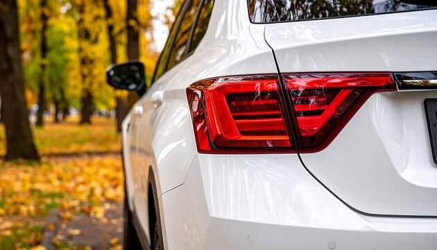 White car's rear end in autumn park