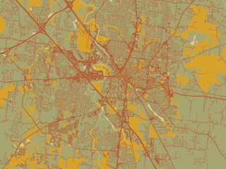 Fototapeta premium Vector-style flat map of Murfreesboro, Tennessee with olive backdrop with warm rust street network and ochre blocks.