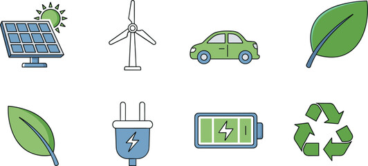 Renewable energy icons, solar panel, wind turbine, electric car, green leaf, battery, eco plug, recycling, sustainability, environment, flat vector illustration