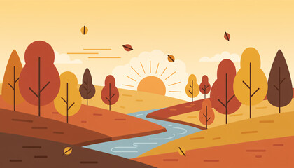 Sunrise Landscape Illustration with River and Autumn Trees in Nature, Scenic View, Tranquil Environment