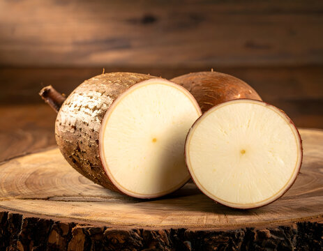 Close up of sliced cassava root on a wooden surface