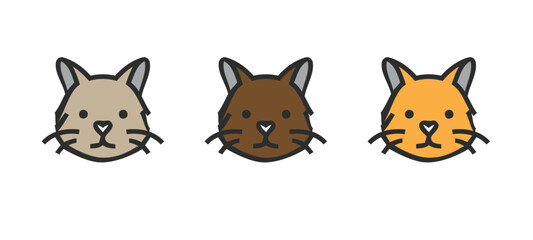 Set of three stylized cat face icons with whiskers, in different colors (grey, brown, and orange). Excellent for use as avatars, mascots, stickers, or any feline-themed design.