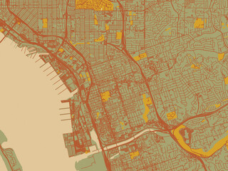 Poster-ready flat map of National City, California, sage green ground with rust-red roads and ochre accents.
