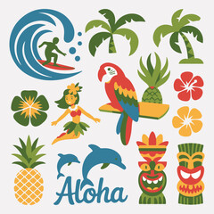 Flat Style Tiki Masks, Surfer, Parrots, and Dolphin Illustrations © My icon