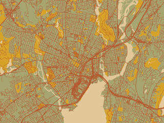 Fototapeta premium Flat painterly map of New Haven, Connecticut in earthy sage background with rust roadways and ochre details.