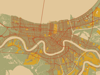 Obraz premium Decorative flat city map of New Orleans, Louisiana using olive backdrop with warm rust street network and ochre blocks.