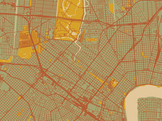 Fototapeta premium Modern flat map poster of New Orleans Center, Louisiana in earthy sage background with rust roadways and ochre details.