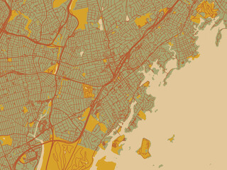 Minimalist flat city map of New Rochelle New, York with sage green ground with rust-red roads and ochre accents.