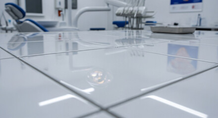 Closeup sterile dental clinic examination room with dental chair and equipment in the, emphasizing cleanliness and modern technology for patient care