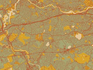 Poster-ready flat map of Newton, Massachusetts, muted sage base, rust-colored roads, and soft ochre highlights.