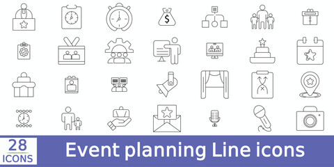  Event planning thin line icons set.