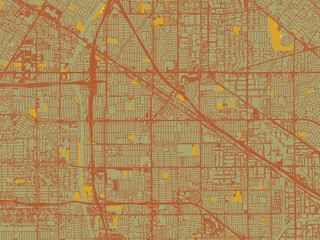 Obraz premium Abstract flat-design map of Norwalk, California, featuring olive backdrop with warm rust street network and ochre blocks.