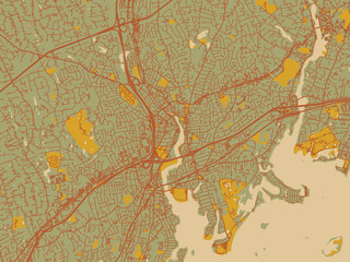Decorative flat city map of Norwalk, Connecticut using olive backdrop with warm rust street network and ochre blocks.