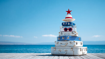 An unusual Christmas tree made from suitcases with hats and glasses, and a star on top, stands on the seashore against a blue sky with space for text.