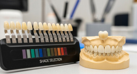 Dental shade guide and teeth model on table, showcasing different tooth colors for selection in dental clinic setting, closeup view