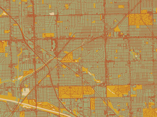 Vector-style flat map of Oak Lawn, Illinois with sage green ground with rust-red roads and ochre accents.