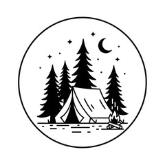 Illustration of a campsite with a tent and campfire under the night sky with stars and moon