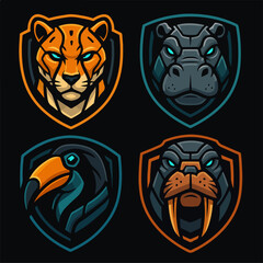 FOUR ANIMAL BADGES TIGER HIPPO TOUCAN WALRUS MATCHED VECTOR MASCOT SET
