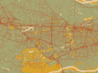 Vector-style flat map of O'Fallon, Missouri with earthy sage background with rust roadways and ochre details.