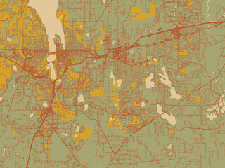 Fototapeta premium Contemporary flat map of Olympia, Washington rendered with muted sage base, rust-colored roads, and soft ochre highlights.