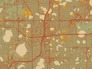 Obraz premium Minimalist flat city map of Orlando, Florida with sage/olive tone field with rust networks and ochre shapes, cream water.