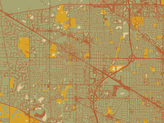 Stylized minimalist map of Palatine, Illinois in earthy sage background with rust roadways and ochre details.