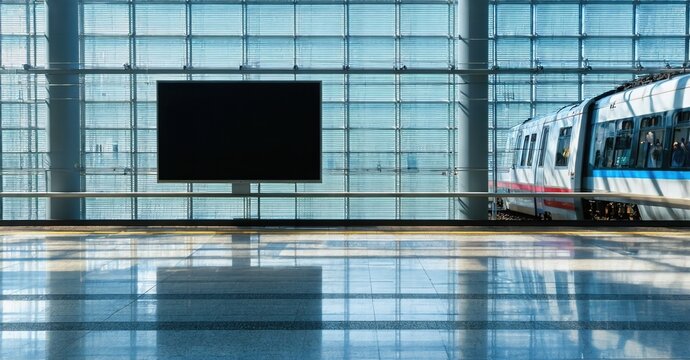 Glossy flat screen off train station atrium with natural daylight