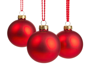 Three glossy red Christmas ornaments hanging