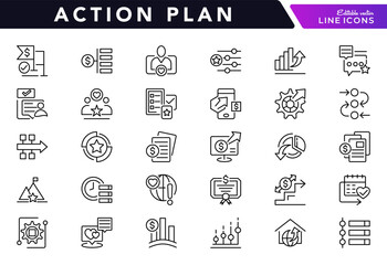 Action plan line icon collection. Schedule, plan, implementation, strategy, analysis, collaboration, tasks, goal, management, timeline, workflow vector line icon. Editable stroke