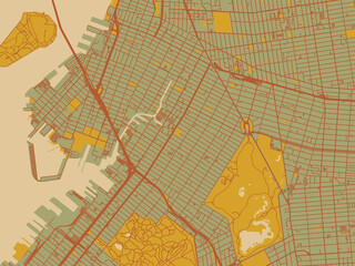 Stylized minimalist map of Park Slope, New York in olive backdrop with warm rust street network and ochre blocks.