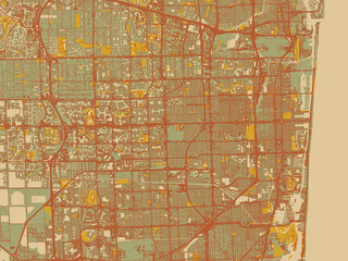 Obraz premium Poster-ready flat map of Pembroke Pines, Florida, sage green ground with rust-red roads and ochre accents.