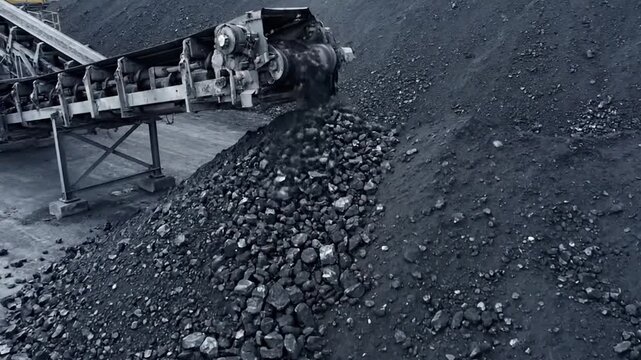 Black Coal Piles from Conveyor Belt in Dark Lighting Coal Industry Scene Mining Operations Power Generation Resource Extraction Industrial Landscape