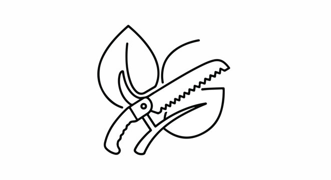 A simple line drawing of pruning shears on a leaf on a white background with a minimalist style.