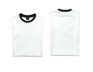 Two folded plain white t-shirts, front and back views
