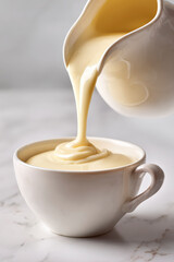 Pouring Cream: White creamy liquid pouring from a small pitcher into a full mug, simple, clean.