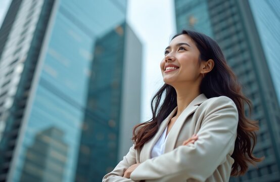 Smiling young woman in business suit arms crossed looking up optimistically. Modern skyscrapers and city skyline background convey success and ambition. Pro career growth and opportunity.
