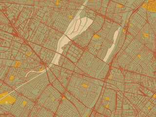 Flat painterly map of Pico Rivera, California in sage green ground with rust-red roads and ochre accents.