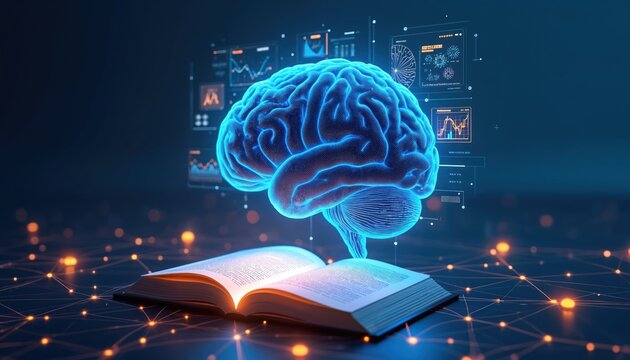 Luminous blue brain floats above open glowing book. Digital interfaces display data graphs in background. Network connections spread on dark surface. Illustrates AI, machine learning, knowledge, tech