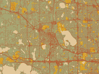 Abstract flat-design map of Plymouth, Minnesota, featuring earthy sage background with rust roadways and ochre details.