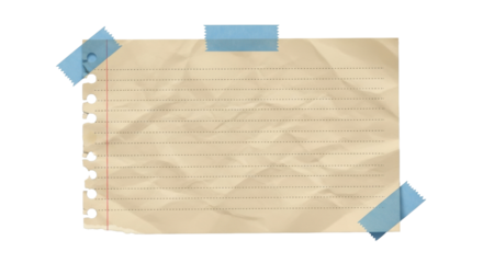 A slightly crumpled beige notebook page with black dotted lines and rough torn left side, taped with blue masking tape, realistic paper texture, soft shadow, stationery aesthetic