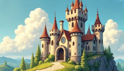 Fototapeta premium Fairytale castle with tall towers sits on green hill. Stone fortress has red roofs. Rich trees grow nearby. Blue sky with white clouds above mountains.