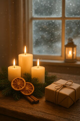  Cozy Scandinavian Christmas scene with candles, gift box and snow outside the window — warm winter holiday atmosphere