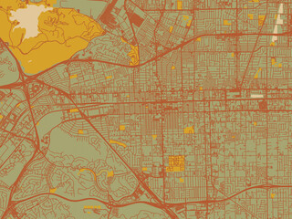 Abstract flat-design map of Pomona, California, featuring earthy sage background with rust roadways and ochre details.