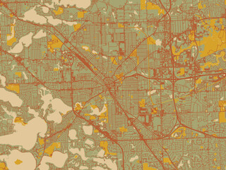 Stylized minimalist map of Pontiac, Michigan in muted sage base, rust-colored roads, and soft ochre highlights.