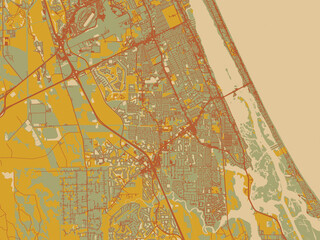 Obraz premium Stylized minimalist map of Port Orange, Florida in olive backdrop with warm rust street network and ochre blocks.