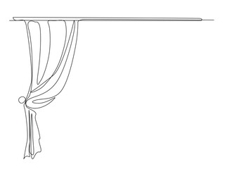 Stage curtains in single outline illustration. Continuous line art drawing of home curtains with side corner. Editable stroke.