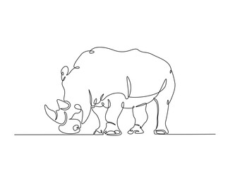 Wild rhinoceros  in single outline illustration. Continuous line art drawing of rhino animal. Editable stroke.